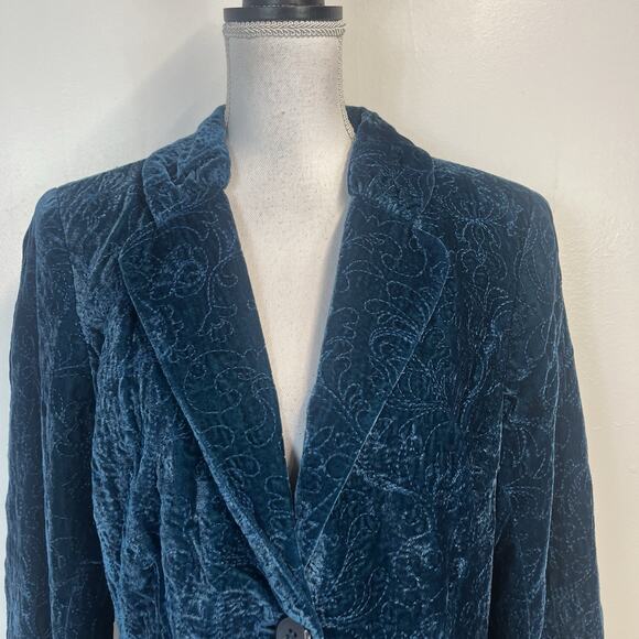 Bandolino Blazer Jacket Women's Size 12 Teal Velvet Floral Embroidered Boho - Picture 2 of 8